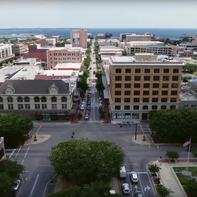 Drone footage of downtown commercial real estate in Pensacola, FL by KDH Productions