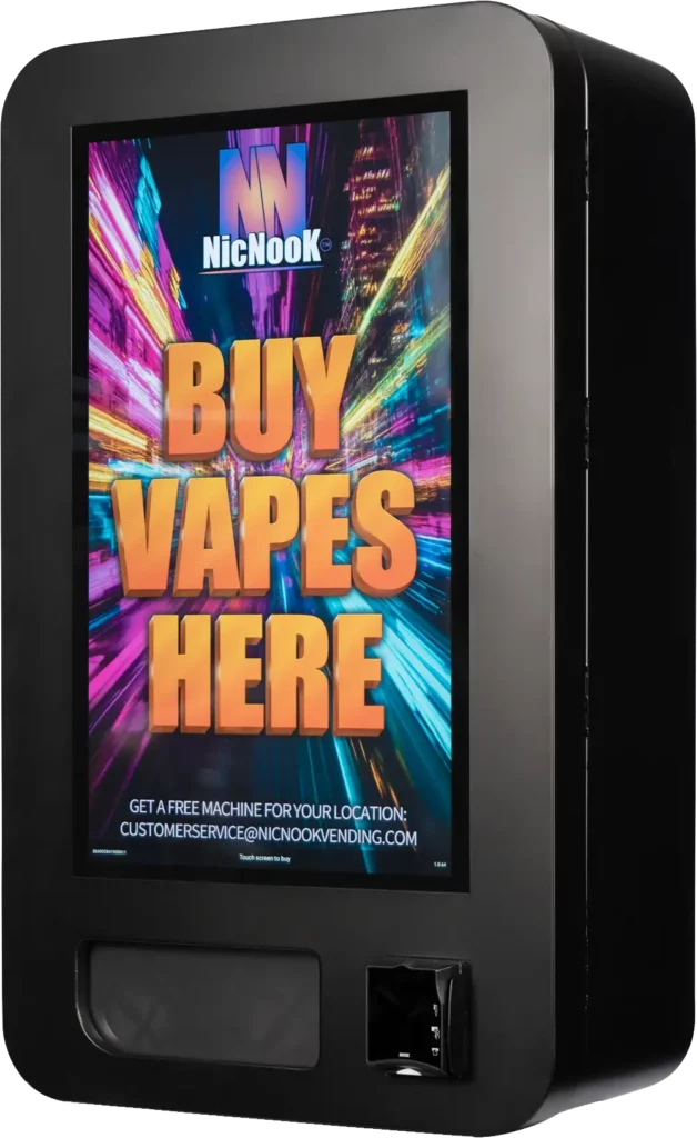 Product Photography 3 NicNook vape vending machine photographed from a three-quarter angle and cut out on a plain background, screen lit with the BUY VAPES HERE artwork
