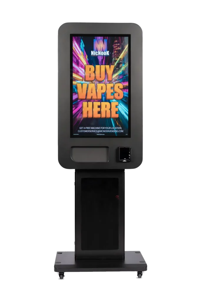 Product Photography 2 NicNook vape vending machine on a wheeled floor stand, cut out on a plain background, its screen showing the BUY VAPES HERE artwork above the card reader and dispensing tray